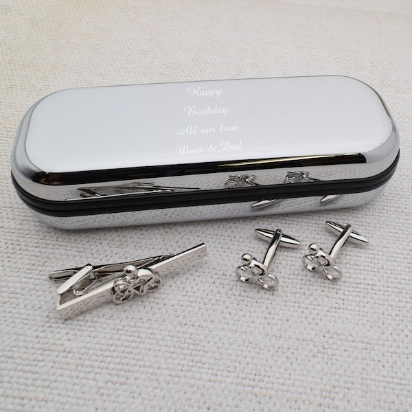 Cyclist on Bike Tie Clip and Cufflinks Set in Engraved personalised box