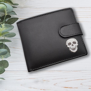 Carteira de couro genuíno preta com design de caveira personalizada com caixa de presente gravada opcional