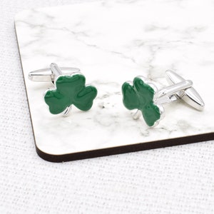 Green Irish Shamrock Cufflinks in a Personalised Cufflink Box