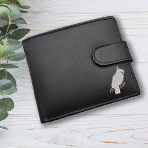 Carteira de couro genuíno preto com design de pássaro cacatua personalizado com caixa de presente gravada opcional