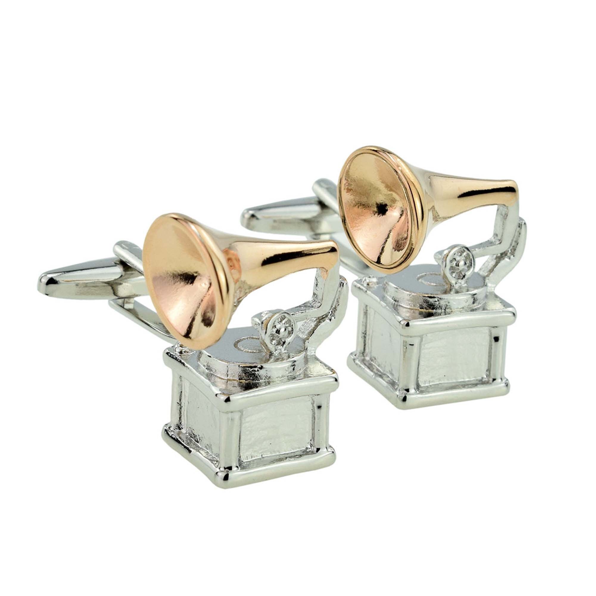 Boutons de manchette gramophone bicolore style rétro dans une boîte personnalisée