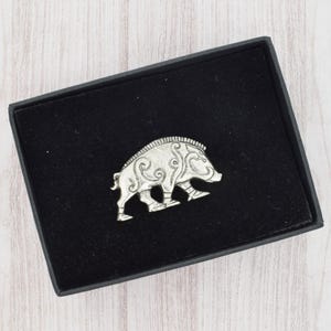 English Made Pewter Celtic Wild Boar Design Lapel Pin Badge in Engraved Personalised Gift Box