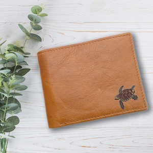 Cartera de cuero genuino color canela con diseño de tortuga marina personalizada con caja de regalo grabada opcional