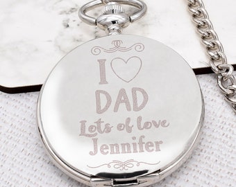 Reloj de bolsillo con acción de cuarzo y cadena de clip con diseño personalizado I Love You Dad, números romanos con acabado plateado y caja de presentación a elegir