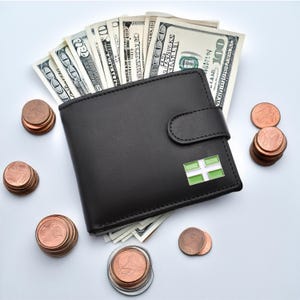 Peut inclure: Un portefeuille en cuir noir avec un patch de drapeau vert et blanc, rempli de billets de dollars américains et entouré de piles de pièces de cuivre.