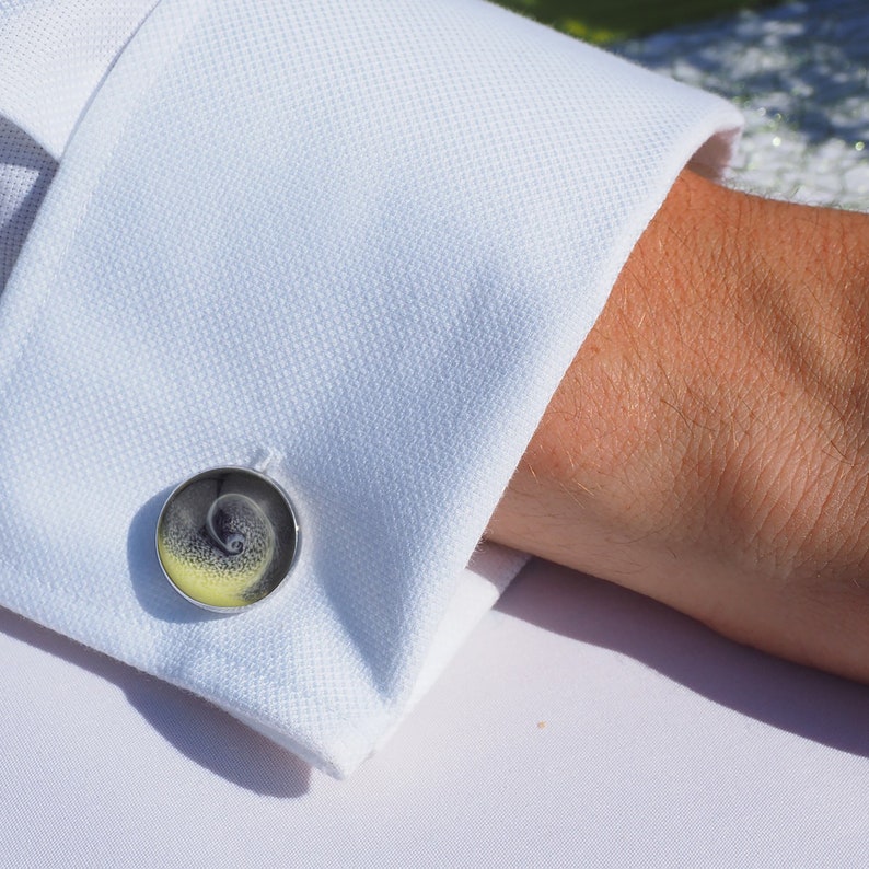 Handmade Round Resin Hurricane Design Cufflinks with optional engraved leatherette Cufflink Box