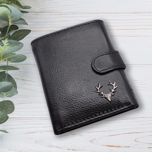 Personalisiert mit eigenem Text Zinn Hirschkopf Design Schwarz Echtleder Brieftasche