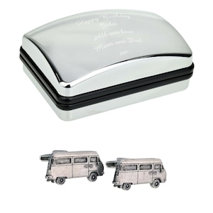 Camper Van Pewter Cufflinks in Optional Personalised Cufflink Box