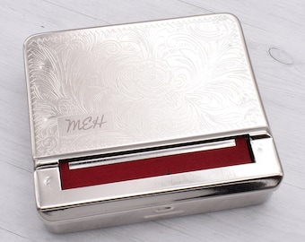 Personalised Engraved With Initials Polished Silver Tobacco Cigarette Roller Machine Automatic Box