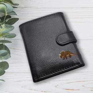 Portefeuille personnalisé en cuir véritable noir avec motif dinosaure tricératops