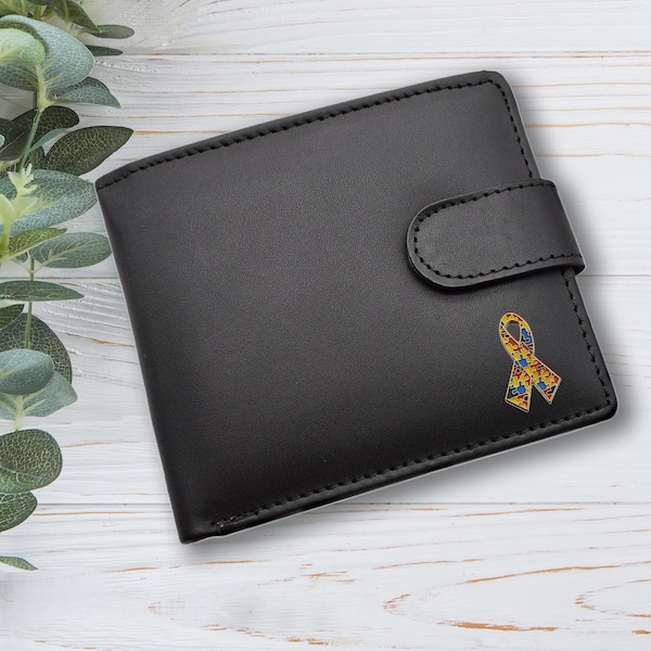 Personalised Jigsaw Ribbon Design Black Genuine Leather Wallet with Optional Engraved gift box