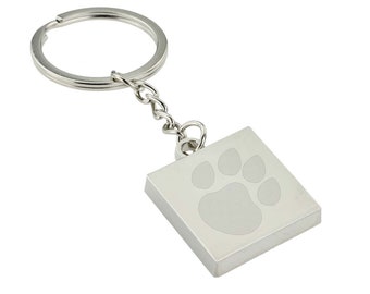 Engraved Paw Print Design Square Keyring with Engraved Message on the Back