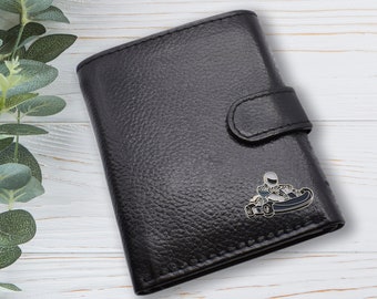Cartera de cuero genuino negra con diseño de carreras de karts personalizada con texto propio