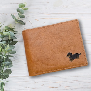 Personalisierte Dackel Welpen Wurst Haustier Hund Design Tan Echtleder Brieftasche mit optionaler gravierter Geschenkbox