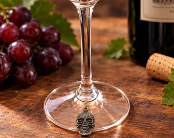 English Made Pewter Sugar Skull Wine Glass Charm Presented in Gift Pouch