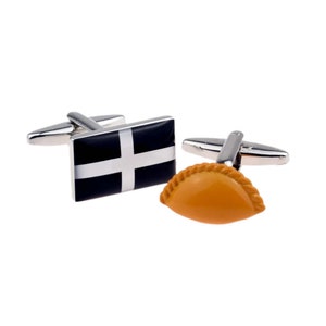Gemengd paar Cornish Delight leuke manchetknopenset (vlag en pasty) in gepersonaliseerde manchetknopendoos
