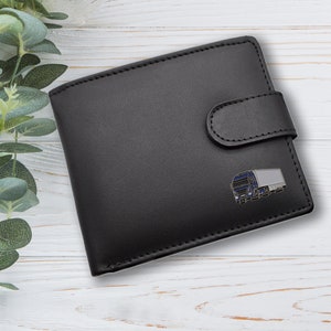 Portefeuille personnalisé en cuir véritable noir design camion poids lourds avec boîte cadeau gravée en option