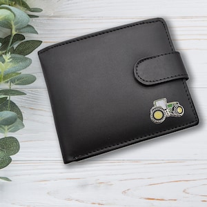 Cartera de cuero genuino negra con diseño de tractor agrícola ecológico personalizado con caja de regalo grabada opcional