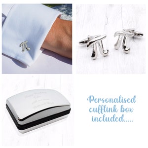May include: Silver pi symbol cufflinks, shown on a white shirt cuff and separately. The image also includes a silver box with engraved text. The text on the box reads: "Happy Birthday John, All our love, Mum and Dad."