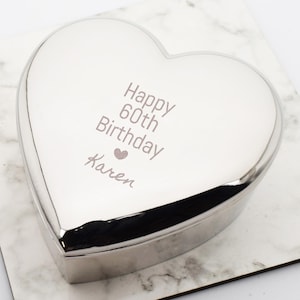 Beautifully Engraved Personalised With Name 60th Birthday Heart Design | Silver Heart Shaped Trinket Box