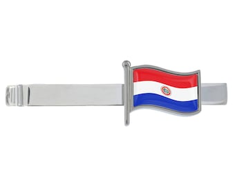 Pince à cravate argentée représentant le drapeau du Paraguay, présentée dans une boîte chromée personnalisée