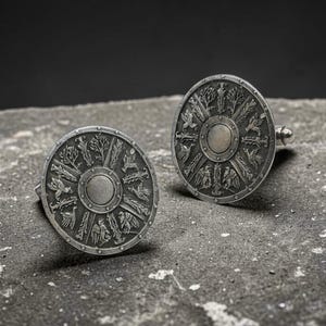 May include: A pair of circular silver-toned cufflinks featuring an intricate embossed design of radial segments. Each segment displays alternating motifs of stylized trees and birds surrounding a smooth, raised central circular disc.