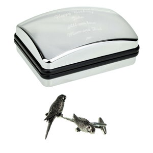 English Made Budgie Pewter Cufflinks in Optional Personalised Cufflink Box