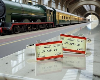 Personalised Travel Train Ticket Style Wedding Cufflinks in chrome box