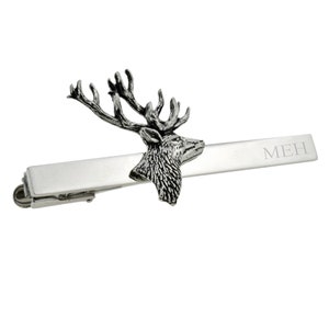 English Made Stag Pewter Design Tie Clip with engraved initials in a gift box