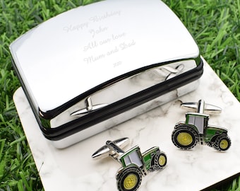 Green Tractor Farmer Farming Design Cufflinks in Personalised Cufflink Box