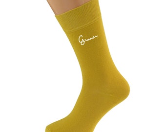 Contemporary Handwritten Style Mens Mustard Yellow Wedding Socks in Various Roles, Great addition to the Wedding!