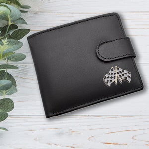 Personalisierte F1 Checkered Flaggen Design Schwarze Echtleder Brieftasche mit optionaler gravierter Geschenkbox