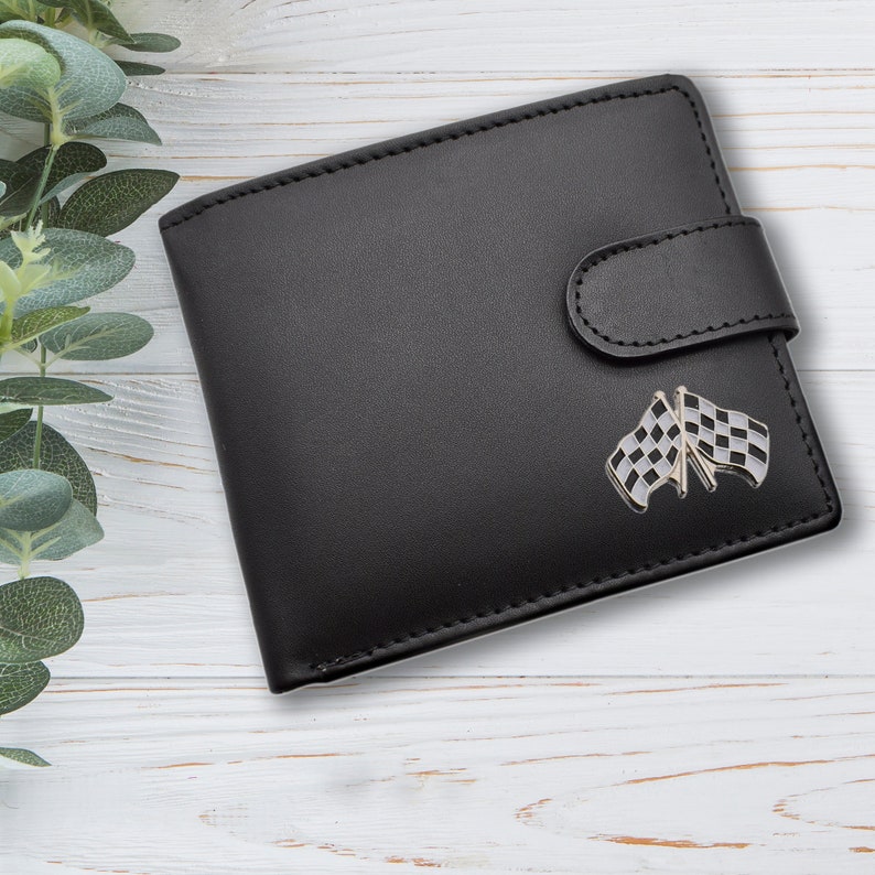 Cartera de cuero genuino negra con diseño de banderas a cuadros de F1 personalizadas con caja de regalo grabada opcional imagen 1