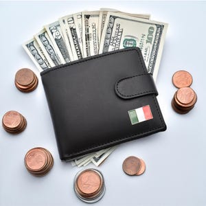 Cartera de cuero genuino negra con diseño de bandera italiana personalizada con caja de regalo grabada opcional