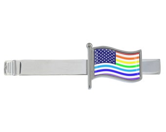 Pince à cravate argentée drapeau arc-en-ciel des États-Unis des États-Unis présentée dans une boîte chromée personnalisée