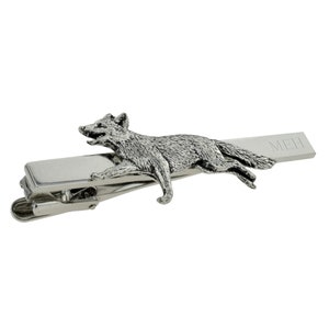 English Made Running Fox Pewter Design Tie Clip with engraved initials in a gift box