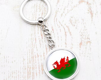 Stylish Welsh Wales Flag Design Round Keyring with Personalised Engraved Short Message on Back