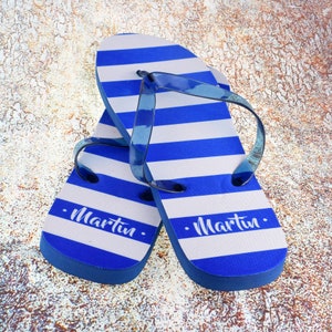 Personalised Blue & White Striped Mens Flip Flops