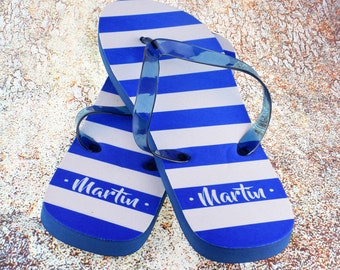 Personalised Blue & White Striped Mens Flip Flops