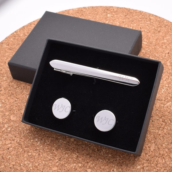 Personalised engraved Tie clip and Button Covers with optional Engraved Personalised Gift Box