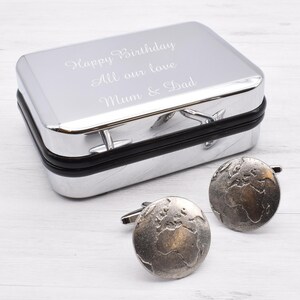 Earth English Pewter Cufflinks in Personalised Chrome Effect Cufflink Box