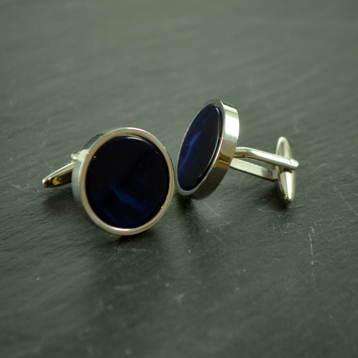 Image of Deep Blue "Midnight Storm" Hand Set Cufflinks in Personalised Cufflink Box