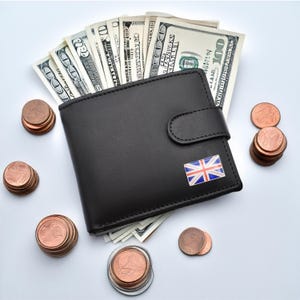 Cartera de cuero genuino negra con diseño de bandera del Reino Unido personalizada con caja de regalo grabada opcional