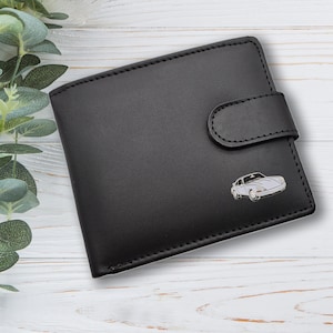 Cartera de cuero genuino negra con diseño de auto deportivo blanco personalizado con caja de regalo grabada opcional