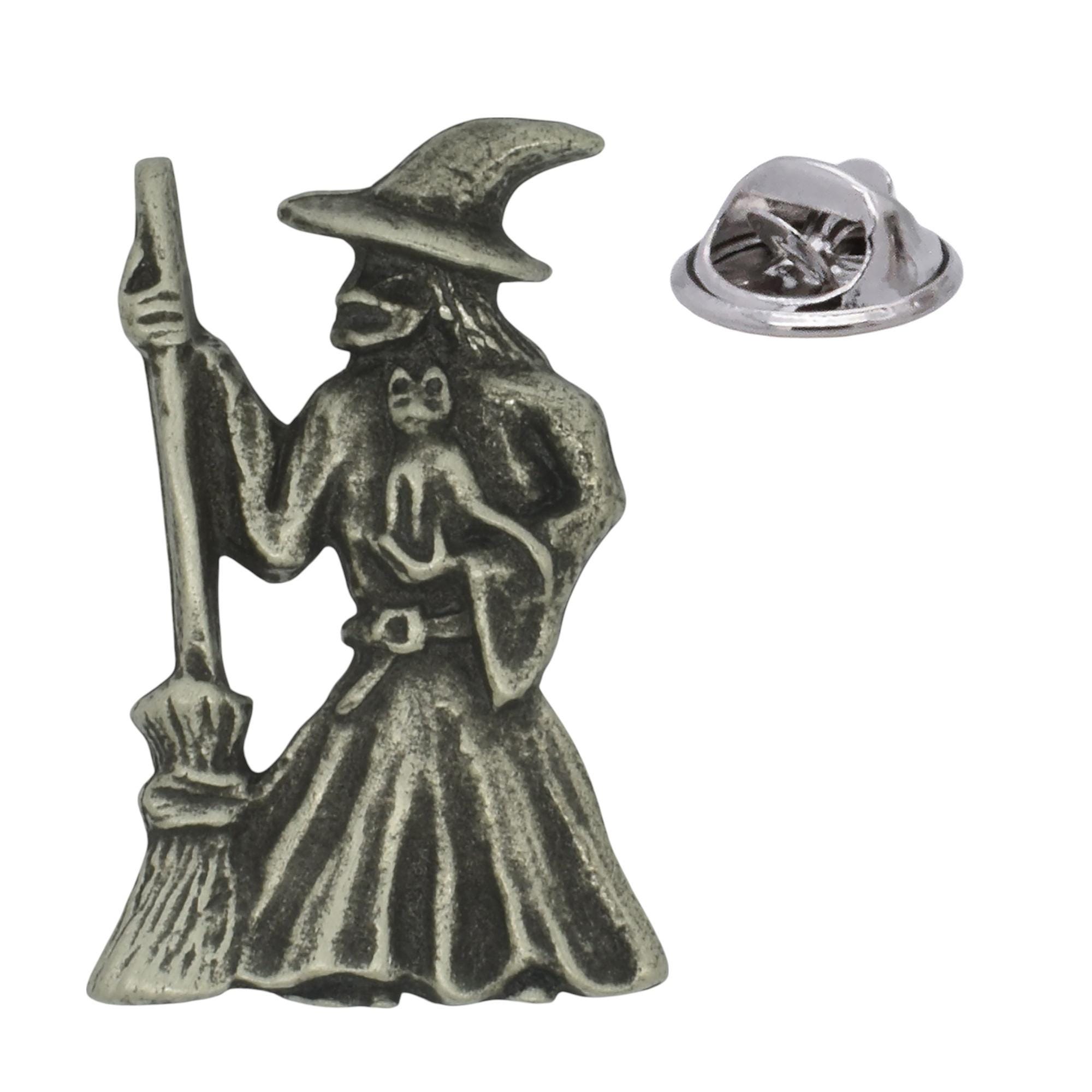 thumbnail image 2 of Witch Flying On Broomstick Pewter Lapel Pin – Wiccan Badge For Jackets & Hats 2 of 5