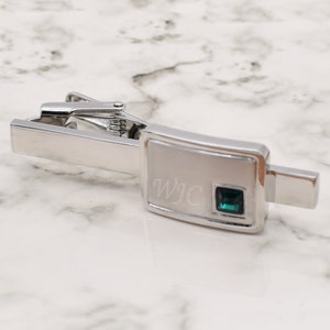 Beautifully Engraved with Initials | Hand Set Swarovski Crystals | Brushed Rhodium Plated Birthstone Tie Clip