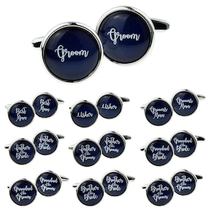 Navy Blue Wedding Cufflinks with White Script Font in optional personalised cufflink box
