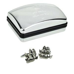 Tall Ship Design Pewter Cufflinks in Optional Personalised Cufflink Box