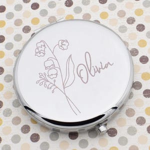 Beautifully Engraved May Birthday Lily of the Valley Flower with Personalised Name | Silver Handbag Mirror