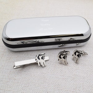 Friesian Dairy Cow Farm Tie Clip and Cufflinks Set in Engraved personalised box